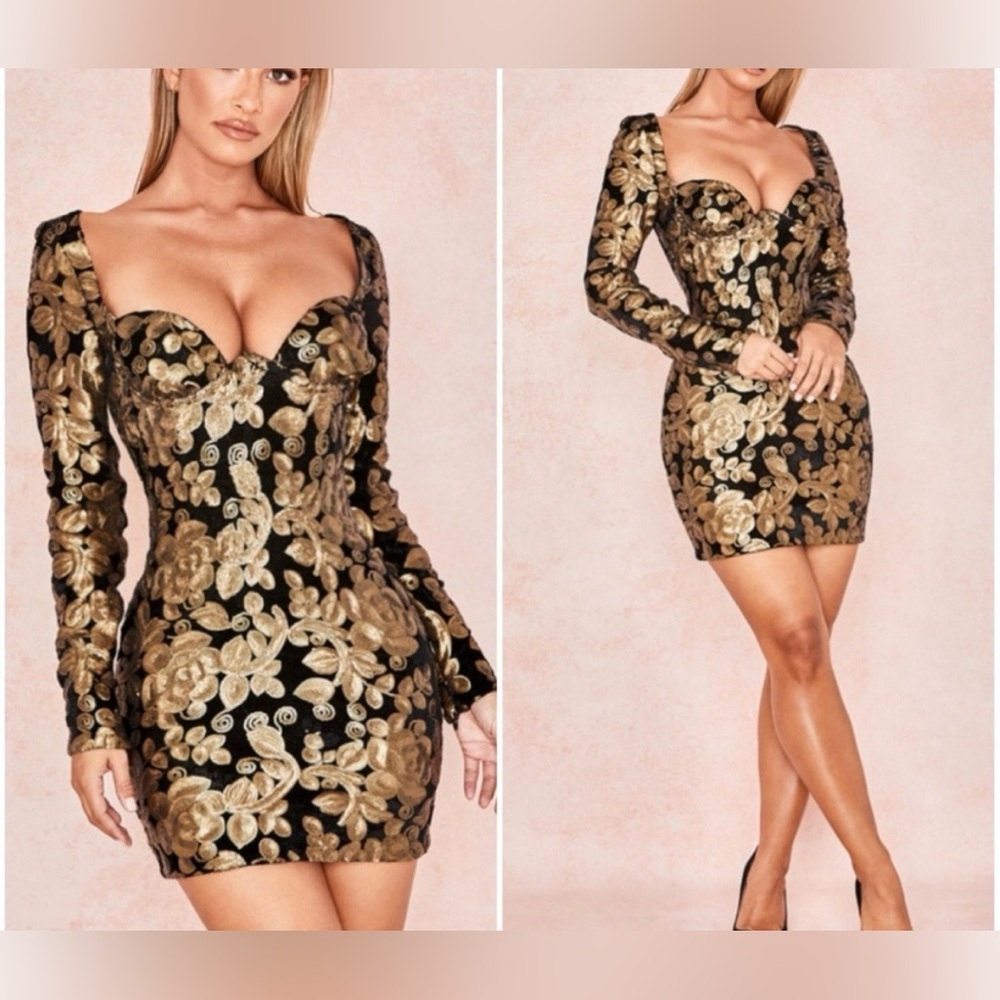 House of CB London Silvaja Black & Gold Mini Dress NWT